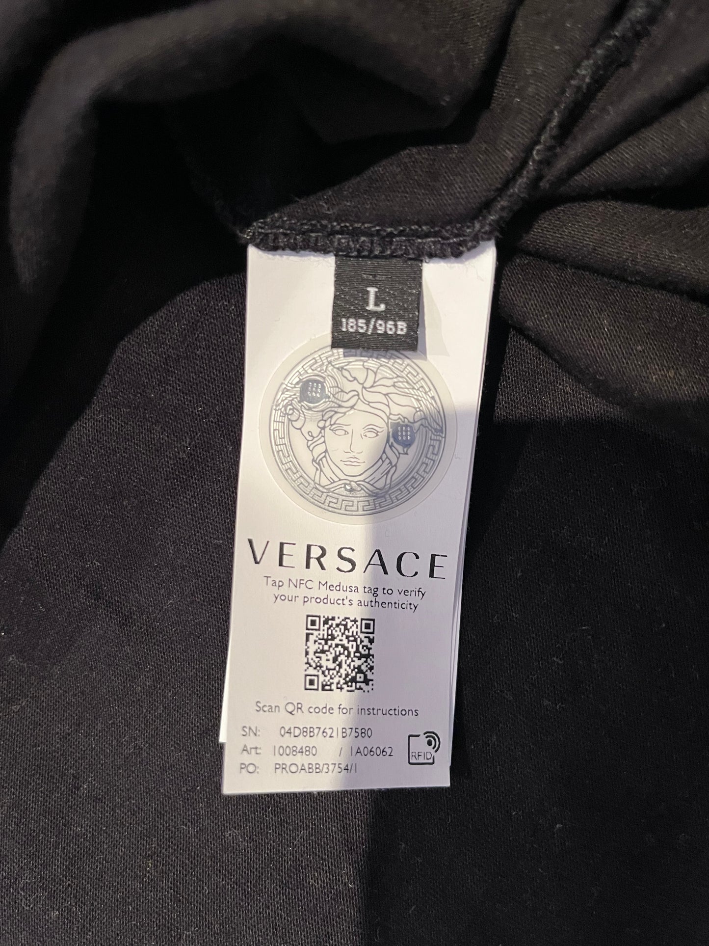 Versace 100% Cotton Black Tee Red Embroidered Logo Size XL Made in Italy