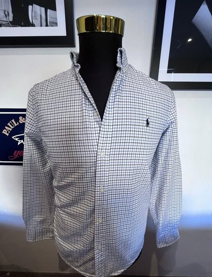 Ralph Lauren 100% Cotton White Blue Grey Check Shirt Size Small Classic Fit