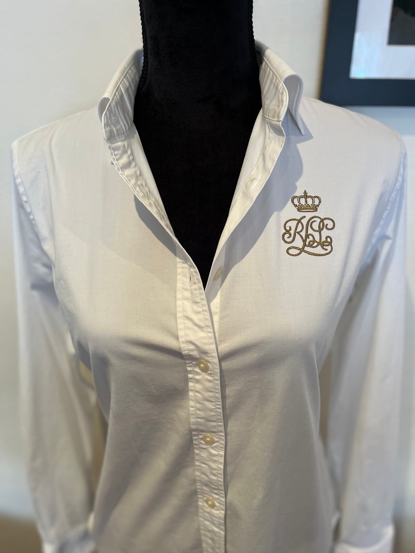 Ralph Lauren Women’s 100% Cotton Gold Logo Embroidered Shirt Size L Slim Fit