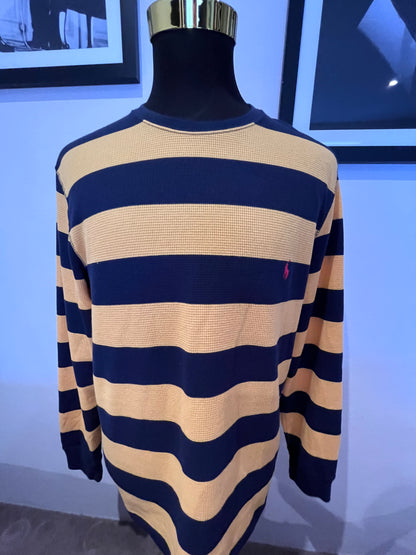Polo Ralph Lauren 100% Cotton Blue Yellow Striped Waffle Sweater Size Large
