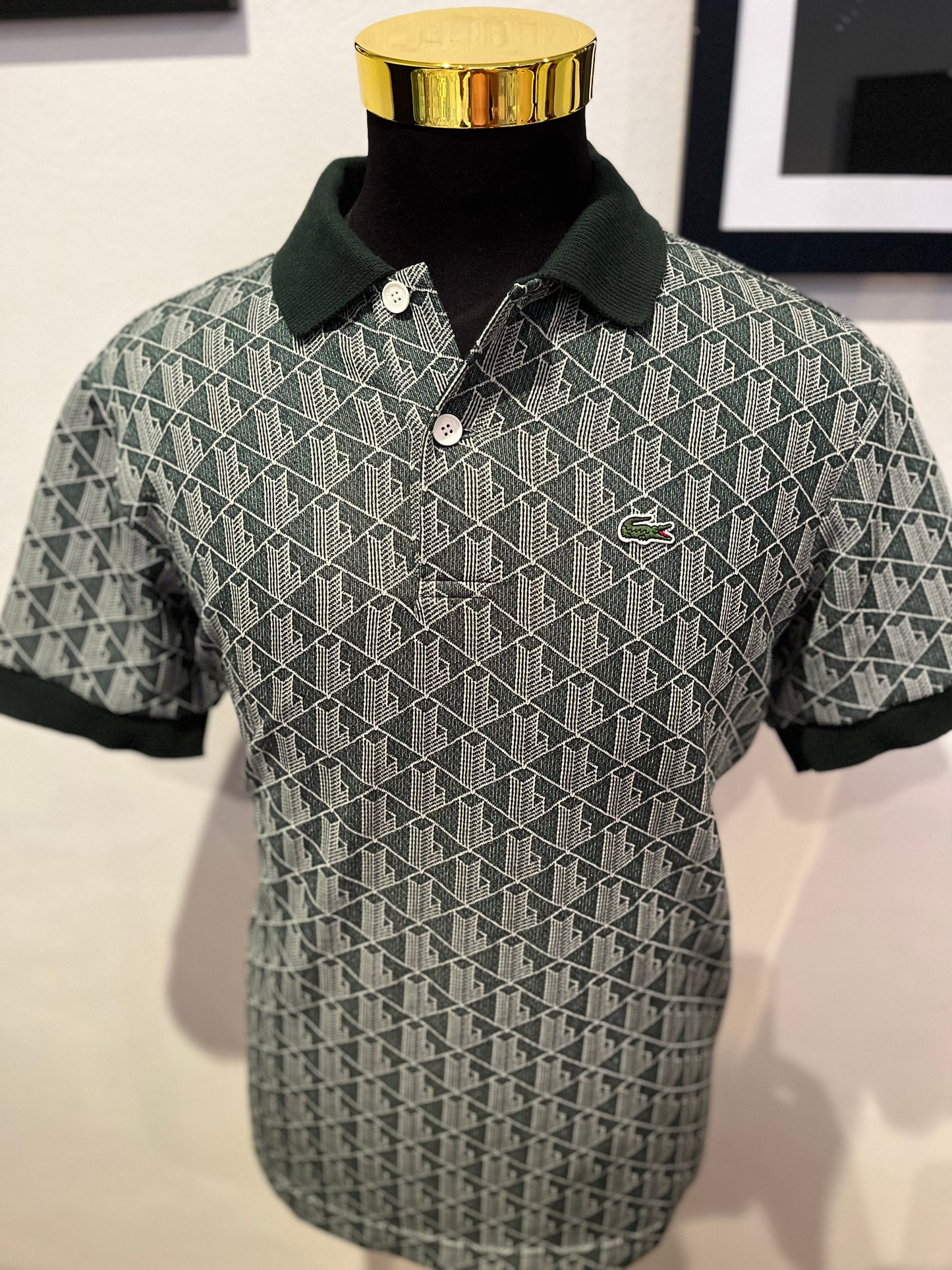 Lacoste 100% Cotton Green White Pattern Print Polo Shirt Size US Large Classic Fit
