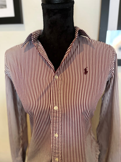 Ralph Lauren Women’s 100% Cotton Burgundy White Stripe Shirt Slim Fit Size 8 

Garment is in excellent condition 

#ralphlauren #ralphlaurenwoman