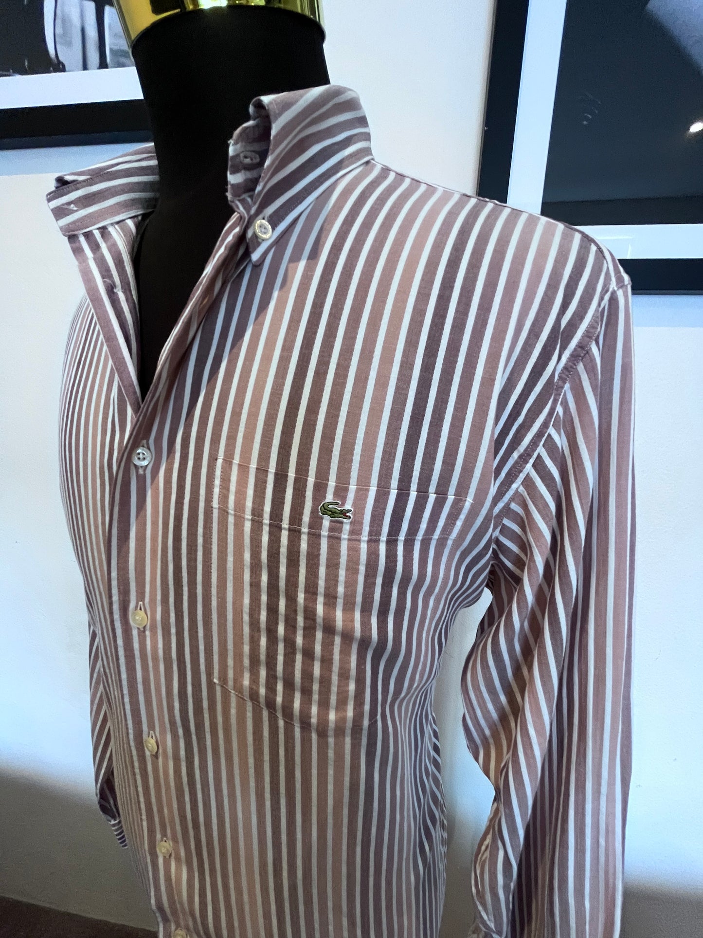 Lacoste 100% Cotton Brown White Stripe Shirt Size 42 Large Button Down Collar