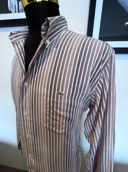 Lacoste 100% Cotton Brown White Stripe Shirt Size 42 Large Button Down Collar