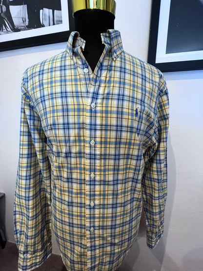 Ralph Lauren 100% Cotton Yellow Blue Check Shirt Size L Classic Fit Button Down Collar