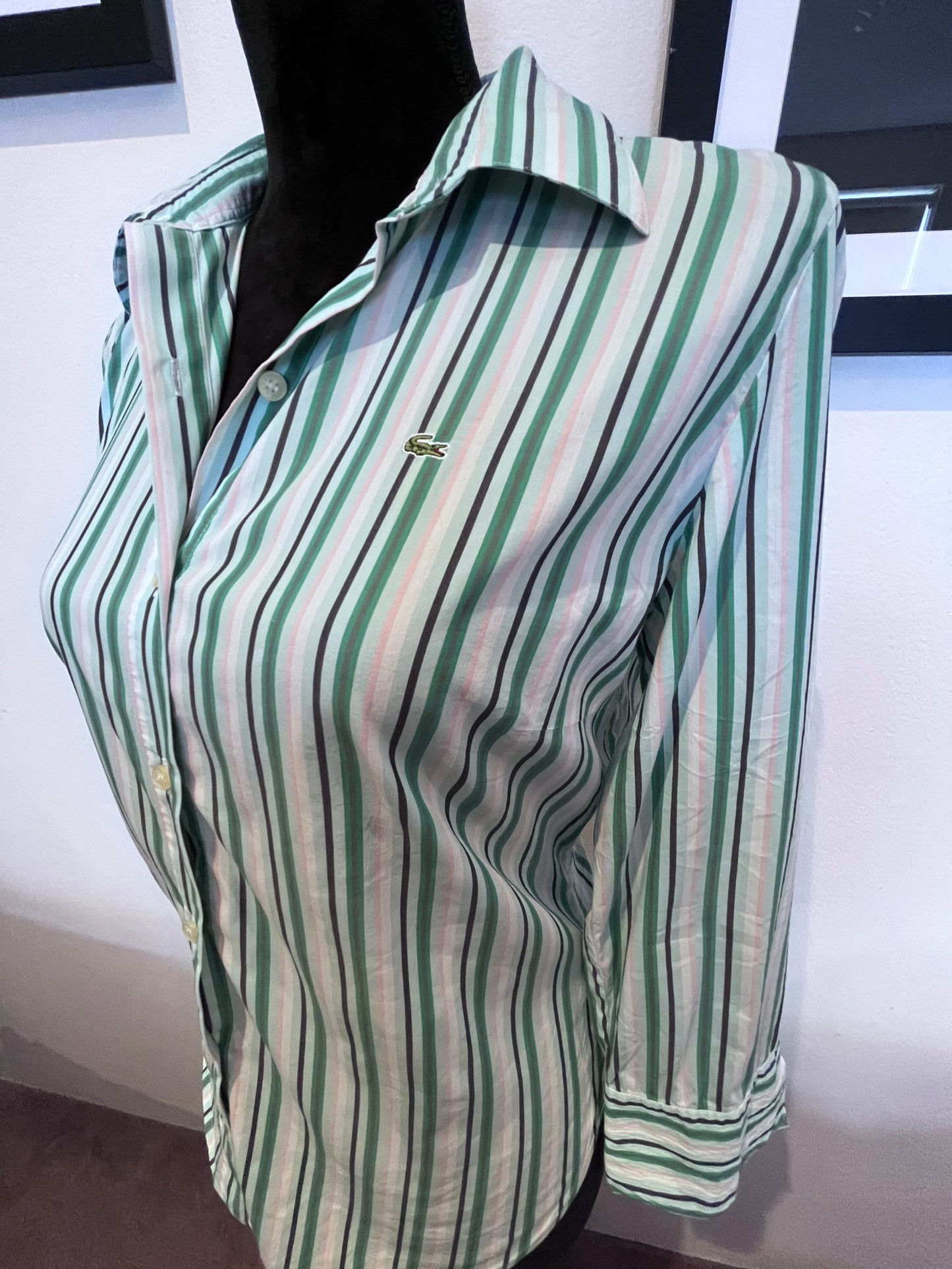 Lacoste 100% Cotton Women’s Pink Green Stripe Shirt Size 40 Small