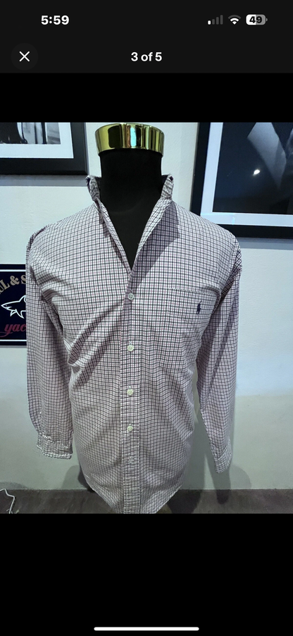 Ralph Lauren 100% Cotton Pink Grey Check Shirt Size US Medium AUS Large
