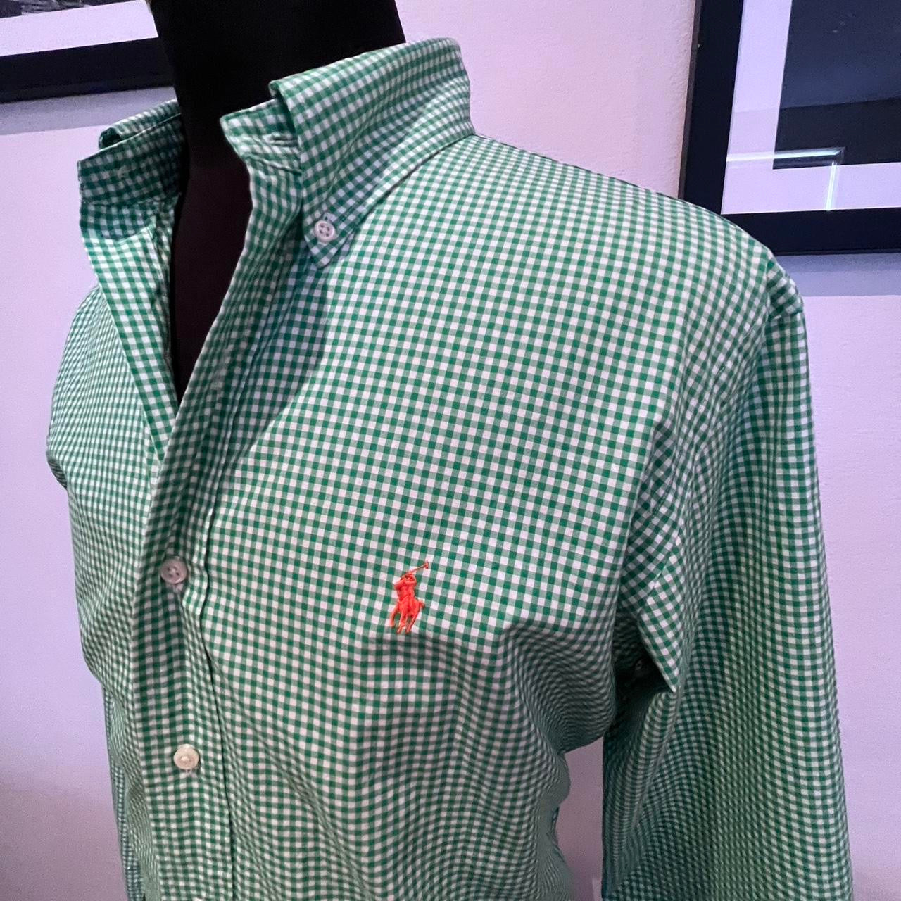 Ralph Lauren 100% Cotton Green Gingham check Shirt Size L Custom Fit Button Down Collar