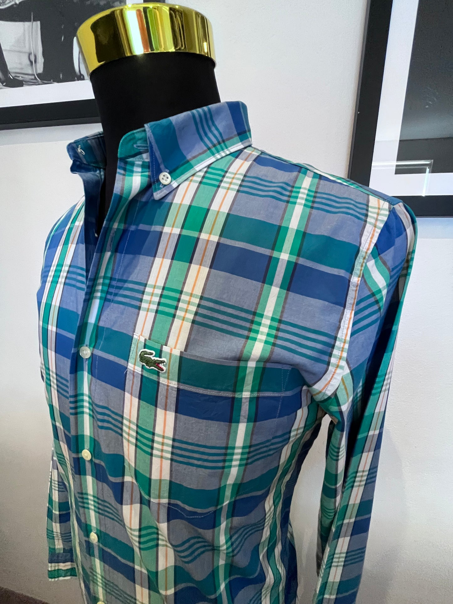 Lacoste 100% Cotton Green Blue Check Shirt Size M Classic Fit Button Down Collar