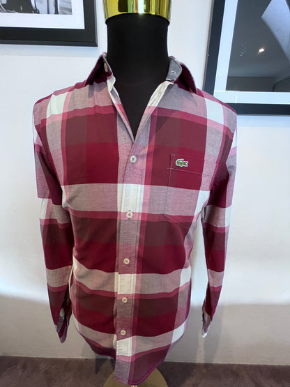 Lacoste 100% Cotton White Red Check Shirt Size M Regular Fit Button Down Collar