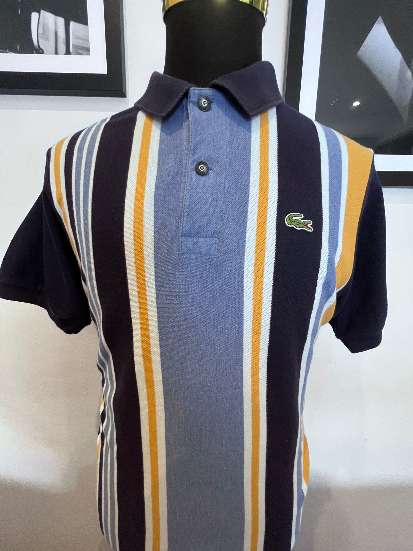 Lacoste 100% Cotton Blue Gold Stripe Polo Shirt Size 6 Large To XL Made in France