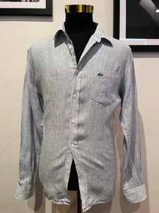 Lacoste 100% Linen Cotton Blue White Pin Stripe Shirt Size Large Classic Fit