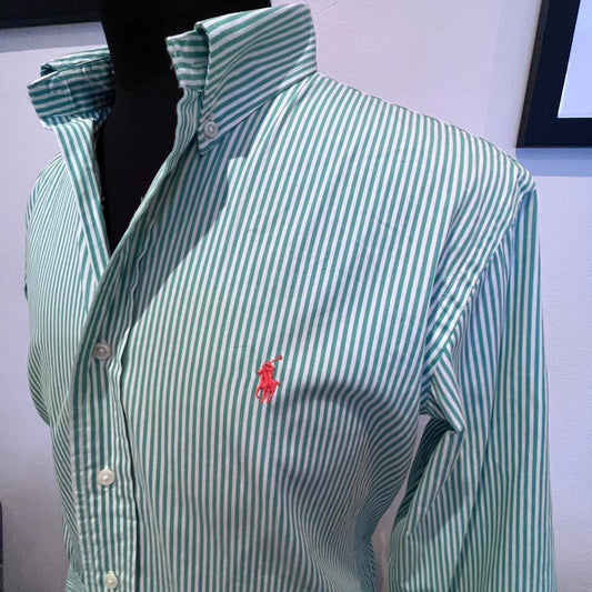Ralph Lauren 100% Cotton Green Stripe Shirt Size L Custom Fit Button Down Collar