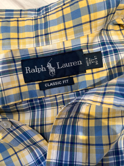 Ralph Lauren 100% Cotton Yellow Blue Check Shirt Size L Classic Fit Button Down Collar