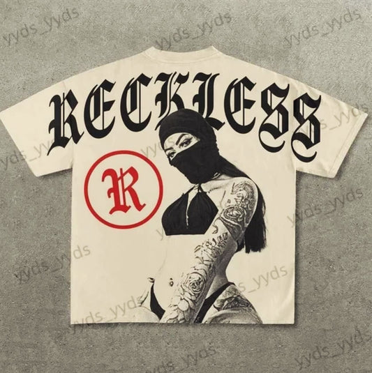 Reckless 100% Cotton Men’s Back Logo Cream Harajuku Tokyo Style T Shirt