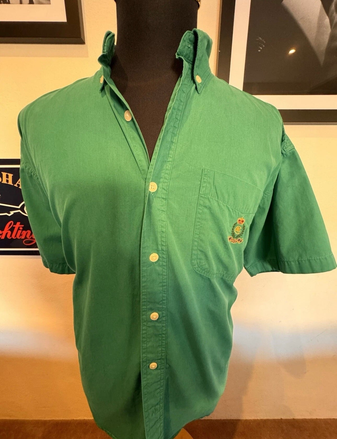 Ralph Lauren 100% Cotton Green Short Sleeve Shirt with Chest Logo Button Down