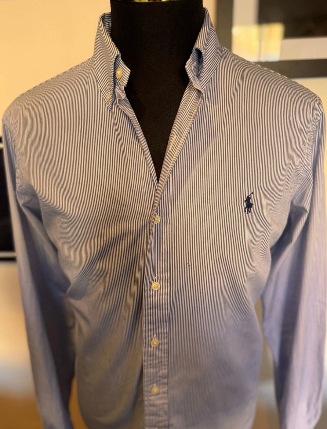Ralph Lauren 100% Cotton Blue White Striped Classic Fit Size Large Button Down