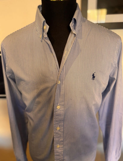 Ralph Lauren 100% Cotton Blue White Striped Classic Fit Size Large Button Down