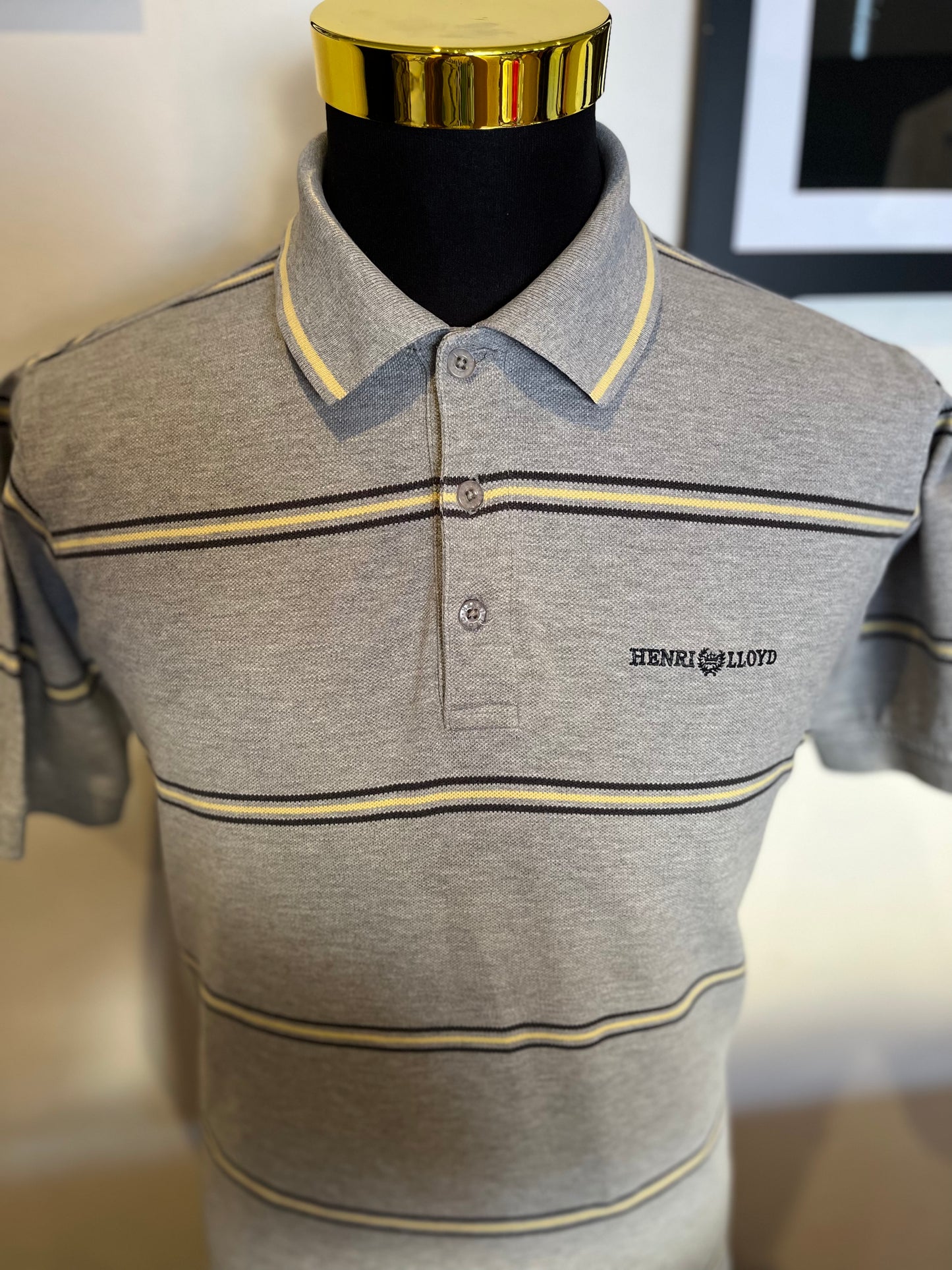 Henri Lloyd 100% Cotton Custom Fit Grey Yellow Stripe Polo Shirt Size Medium