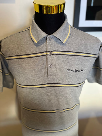 Henri Lloyd 100% Cotton Custom Fit Grey Yellow Stripe Polo Shirt Size Medium