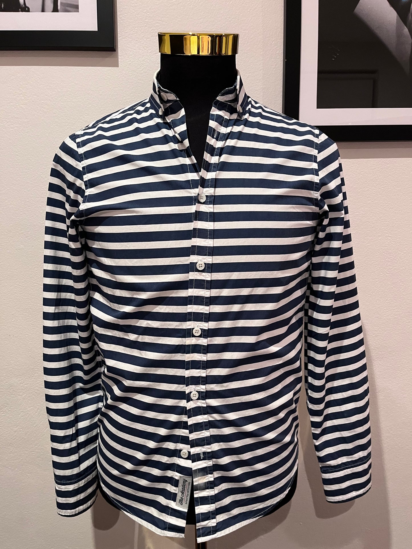 The Academy Brand 100% Cotton Blue White Stripe Shirt Size Medium Slim Fit