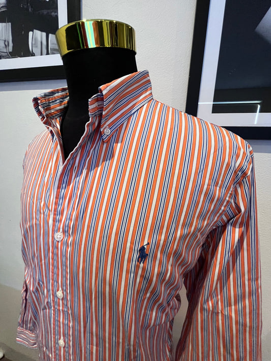 Ralph Lauren 100% Cotton Custom Fit Orange Stripe Shirt Size Large Button Down Collar