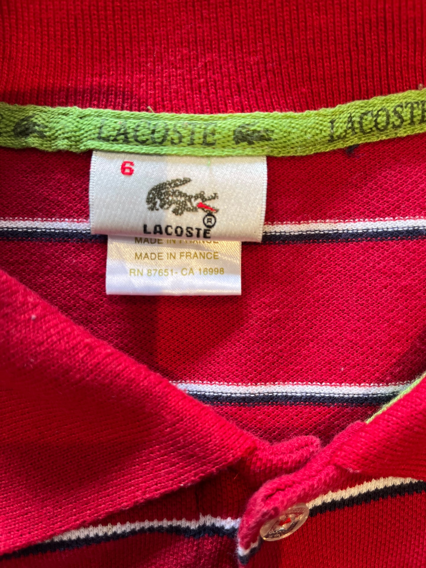 Lacoste 100% Cotton Red Stripe Polo Shirt Size 6 Large to XL Made In France