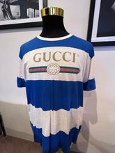 Load image into Gallery viewer, Gucci Block Stripe Logo 100% Cotton Tee Size Large Made In Italy fits Large to XL
