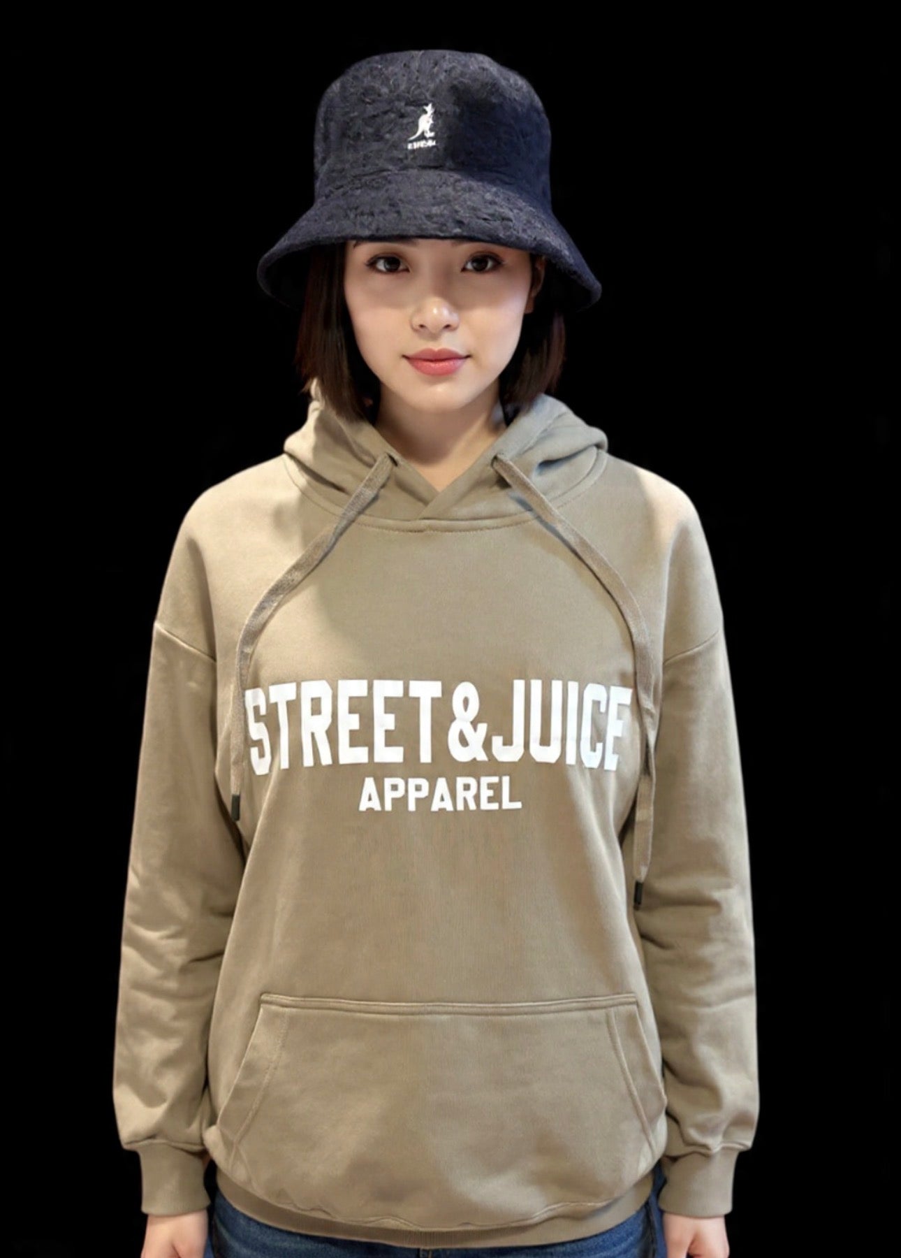 Street & Juice 100% Cotton Khaki Chest Logo Drawer String Hoodie