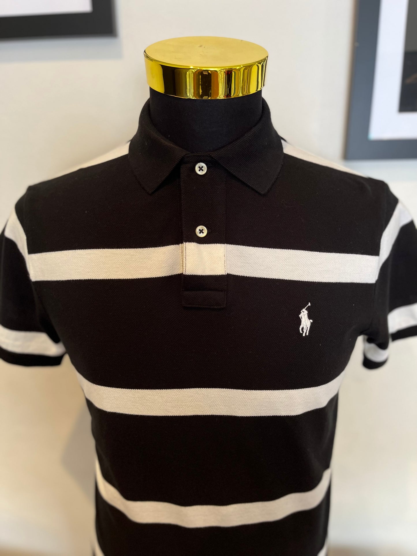 Ralph Lauren 100% Cotton Black White Strip Polo Shirt Size M Custom Fit