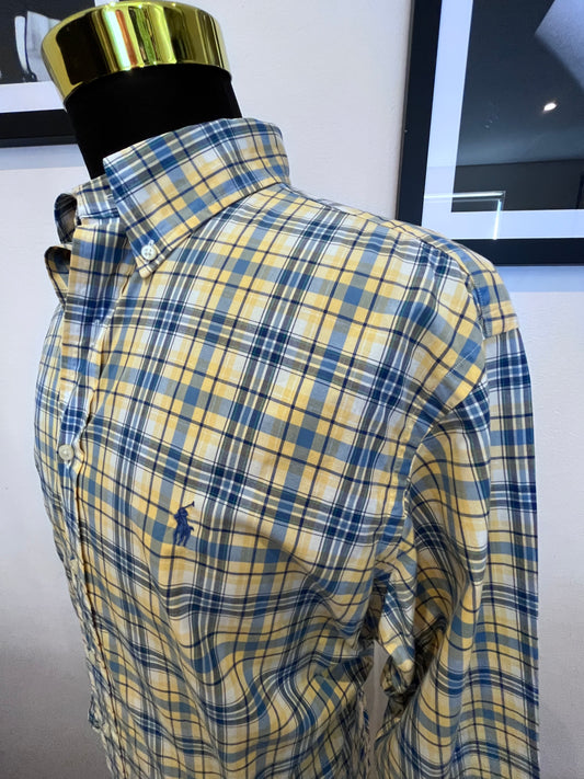 Ralph Lauren 100% Cotton Yellow Blue Check Shirt Size L Classic Fit Button Down Collar