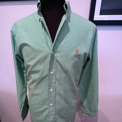 Ralph Lauren 100% Cotton Green Gingham check Shirt Size L Custom Fit Button Down Collar