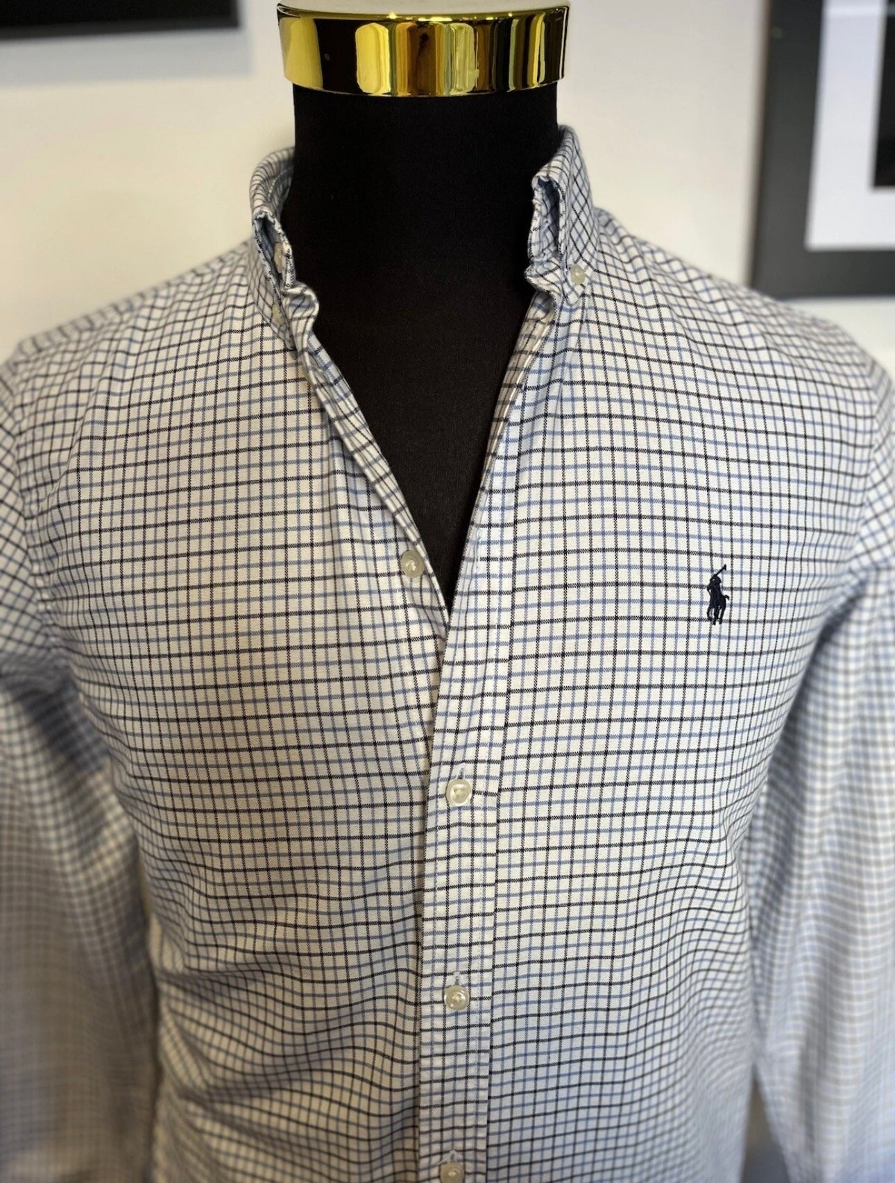 Ralph Lauren 100% Cotton White Blue Grey Check Shirt Size Small Classic Fit