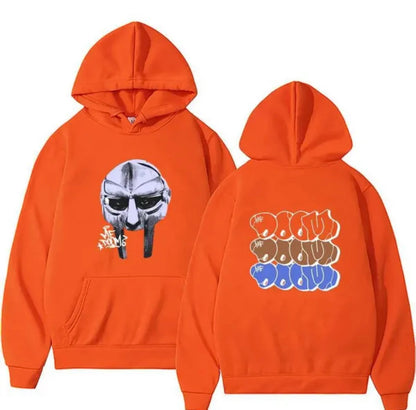 MF DOOM 100% Cotton Orange Metal Face Hoodie Chest & Back Logo
