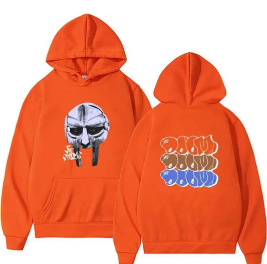 MF DOOM 100% Cotton Orange Metal Face Hoodie Chest & Back Logo