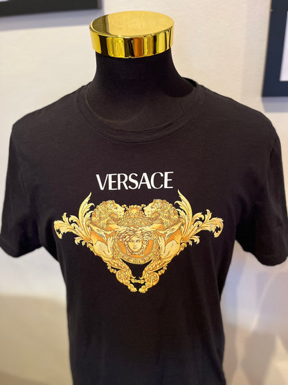 Versace 100% Cotton Black Tee Gold Print Logo Size XL Made in Italy