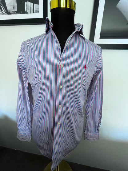 Ralph Lauren 100% Cotton Blue Red Spread Collar Shirt Size M Classic Fit, Fits Small to Medium
