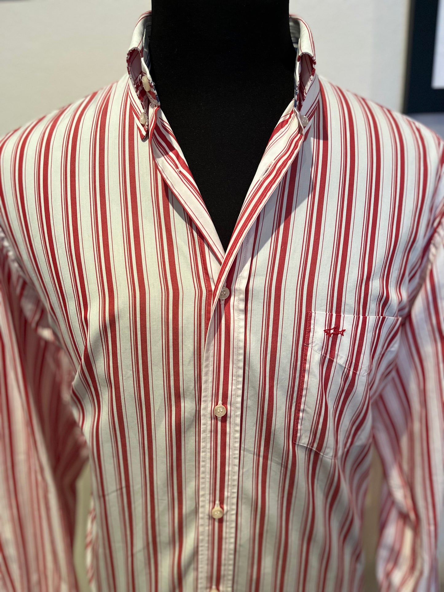 Paul & Shark 100% Cotton Red White Stripe Shirt Size 42 Large Made in Italy Button Down Collar