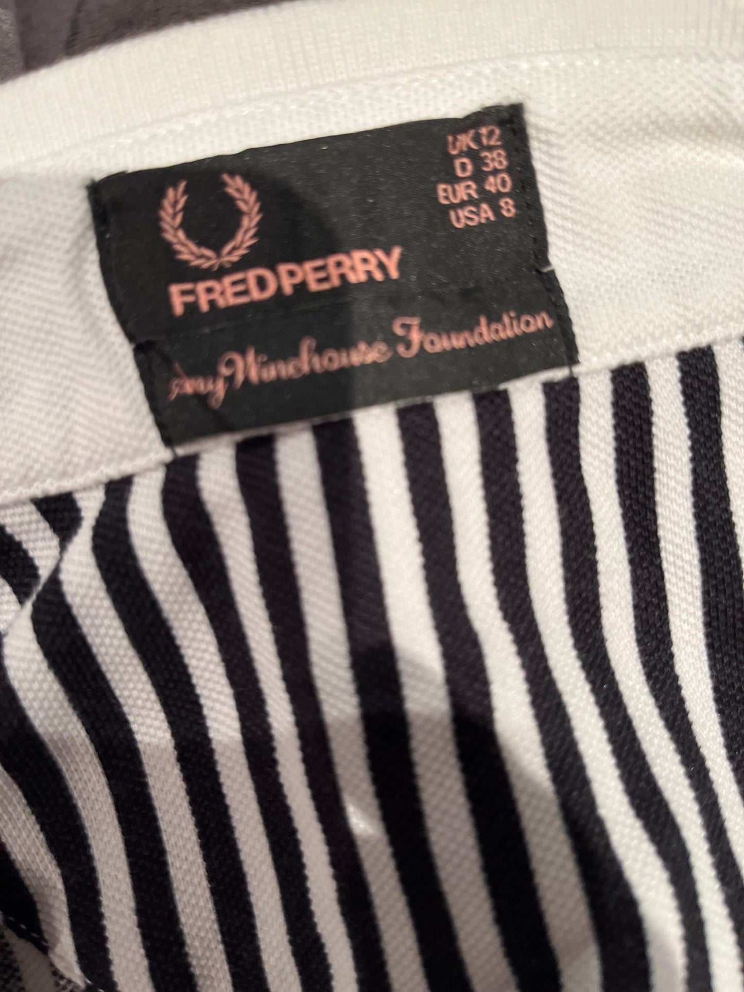 Fred Perry by Amy Winehouse 100% Cotton Black White Stripe Dress Size UK 12