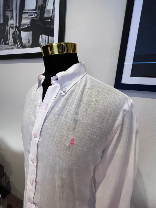 Ralph Lauren Pink 100% Linen Cotton Shirt Size Large Slim Fit Polo Ralph Lauren