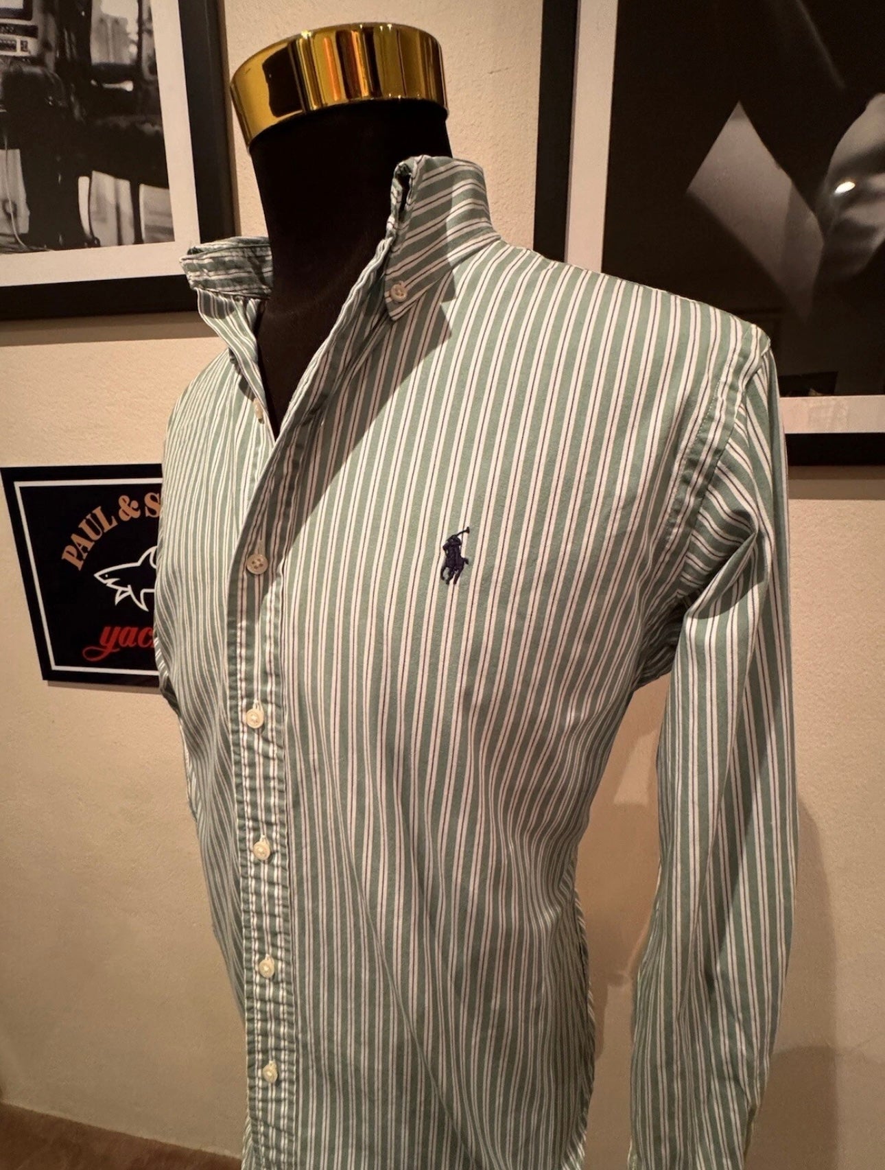 Ralph Lauren 100% Cotton Green White Stripe Shirt Size 16 Large Button Down