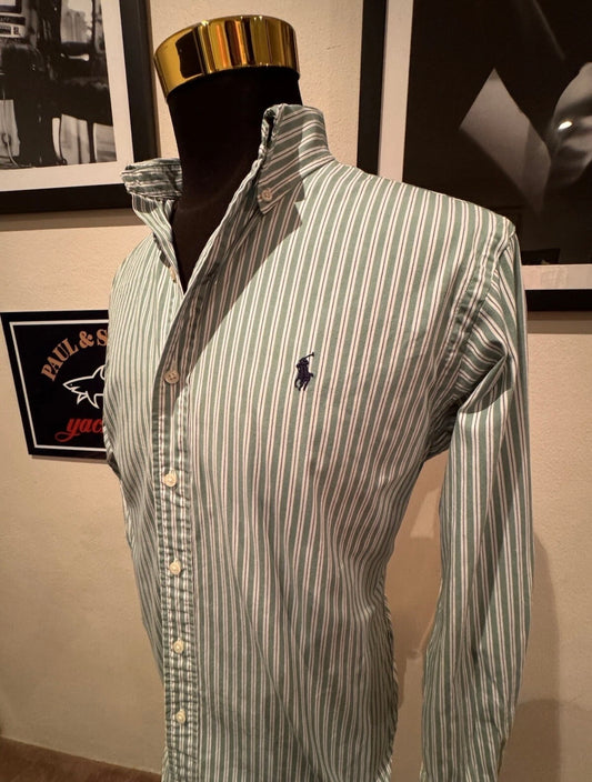 Ralph Lauren 100% Cotton Green White Stripe Shirt Size 16 Large Button Down