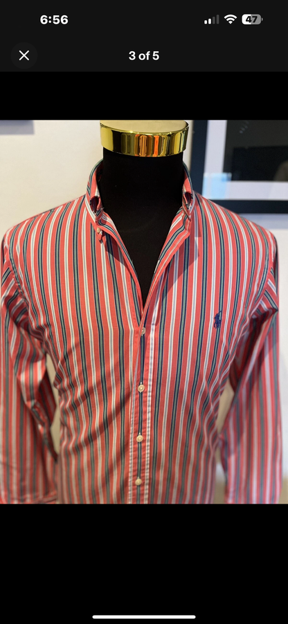 Ralph Lauren 100% Cotton Red Blue Stripe Shirt Size Medium Classic Fit