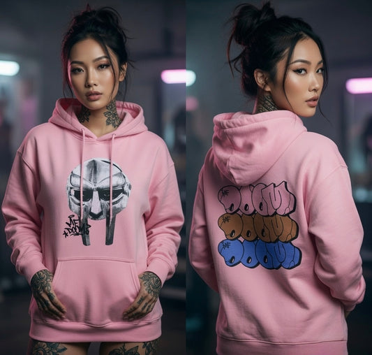 MF DOOM 100% Cotton Pink Metal Face Hoodie Chest & Back Logo