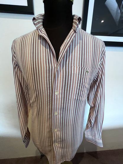 Lacoste 100% Cotton Brown White Stripe Shirt Size 42 Large Button Down Collar