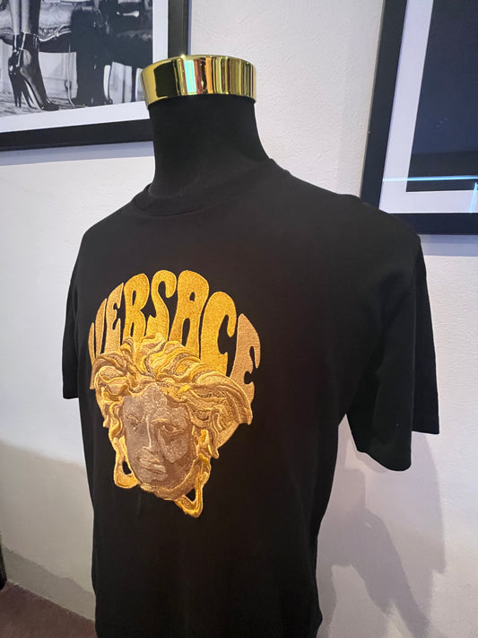 Versace 100% Cotton Black Tee Gold Embroidered Logo Size XL Made in Italy