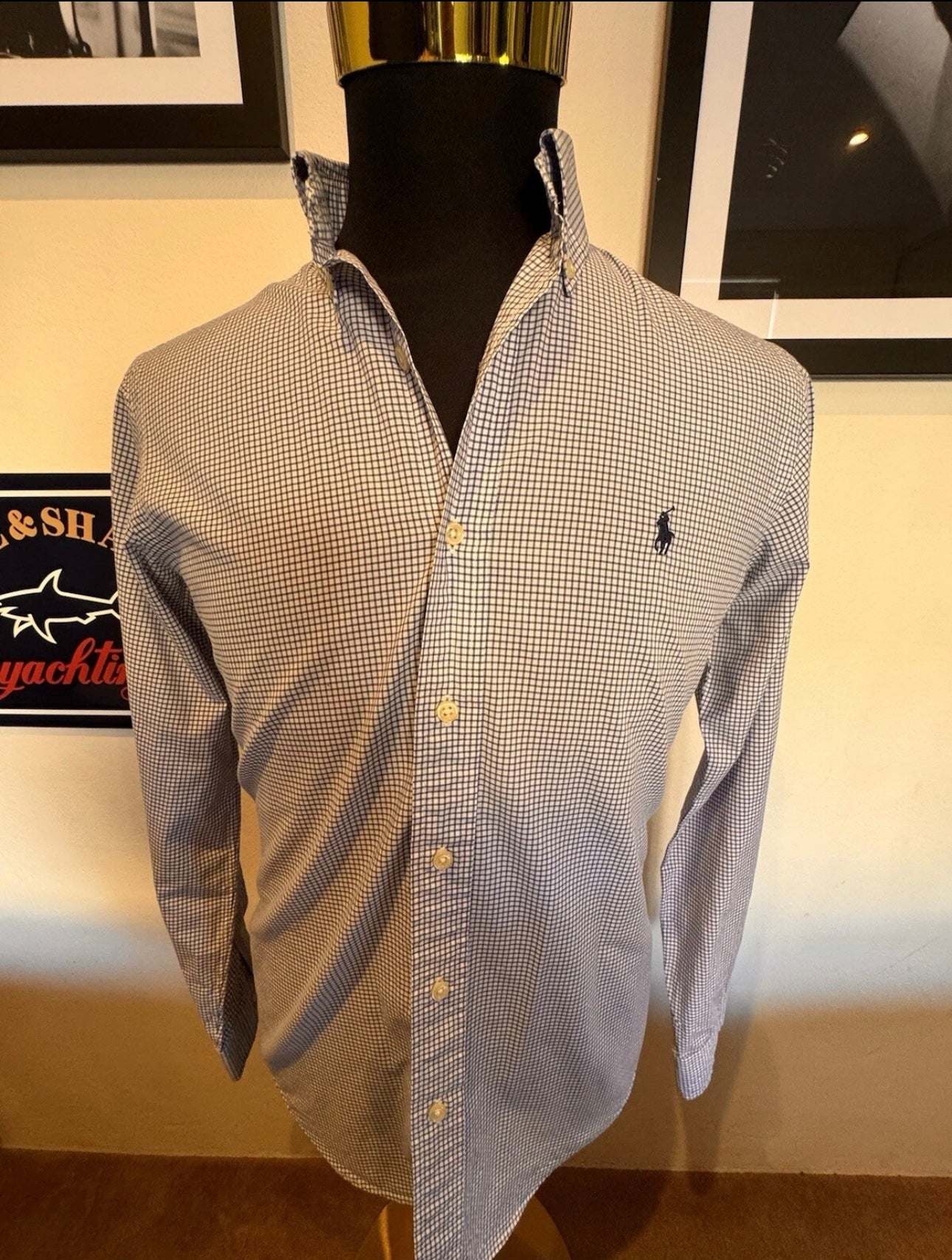 Ralph Lauren 100% Cotton Stretch Blue White Check Shirt Slim Fit Size Small