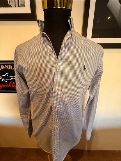 Ralph Lauren 100% Cotton Stretch Blue White Check Shirt Slim Fit Size Small