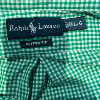 Ralph Lauren 100% Cotton Green Gingham check Shirt Size L Custom Fit Button Down Collar