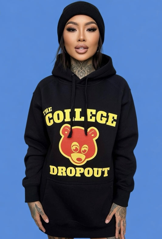 Kanye West 100% Fleece Black Hoodie “The College Drop Out” Chest & Back Logo Print